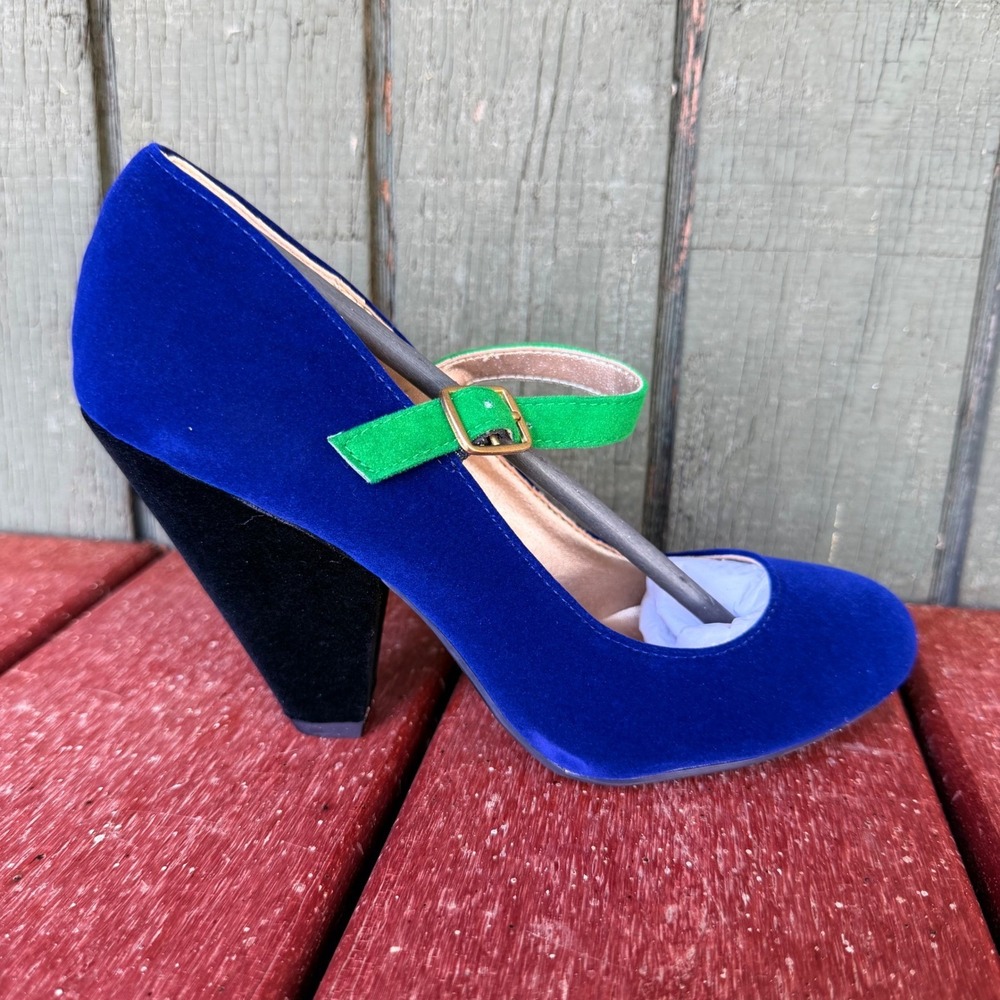 Qupid Rico-22 Royal Blue Velvet Mary Jane Cone Heels Green Strap Size 6